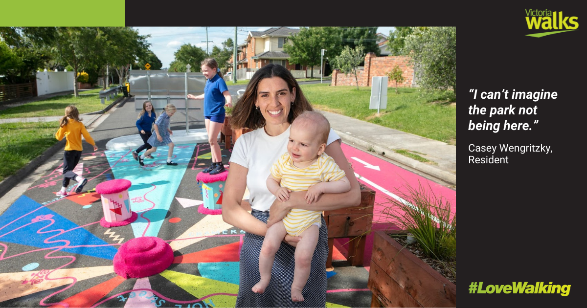 James Street Darebin pop-up park for Victoria Walks article 1200x630 Casey and son Gus.